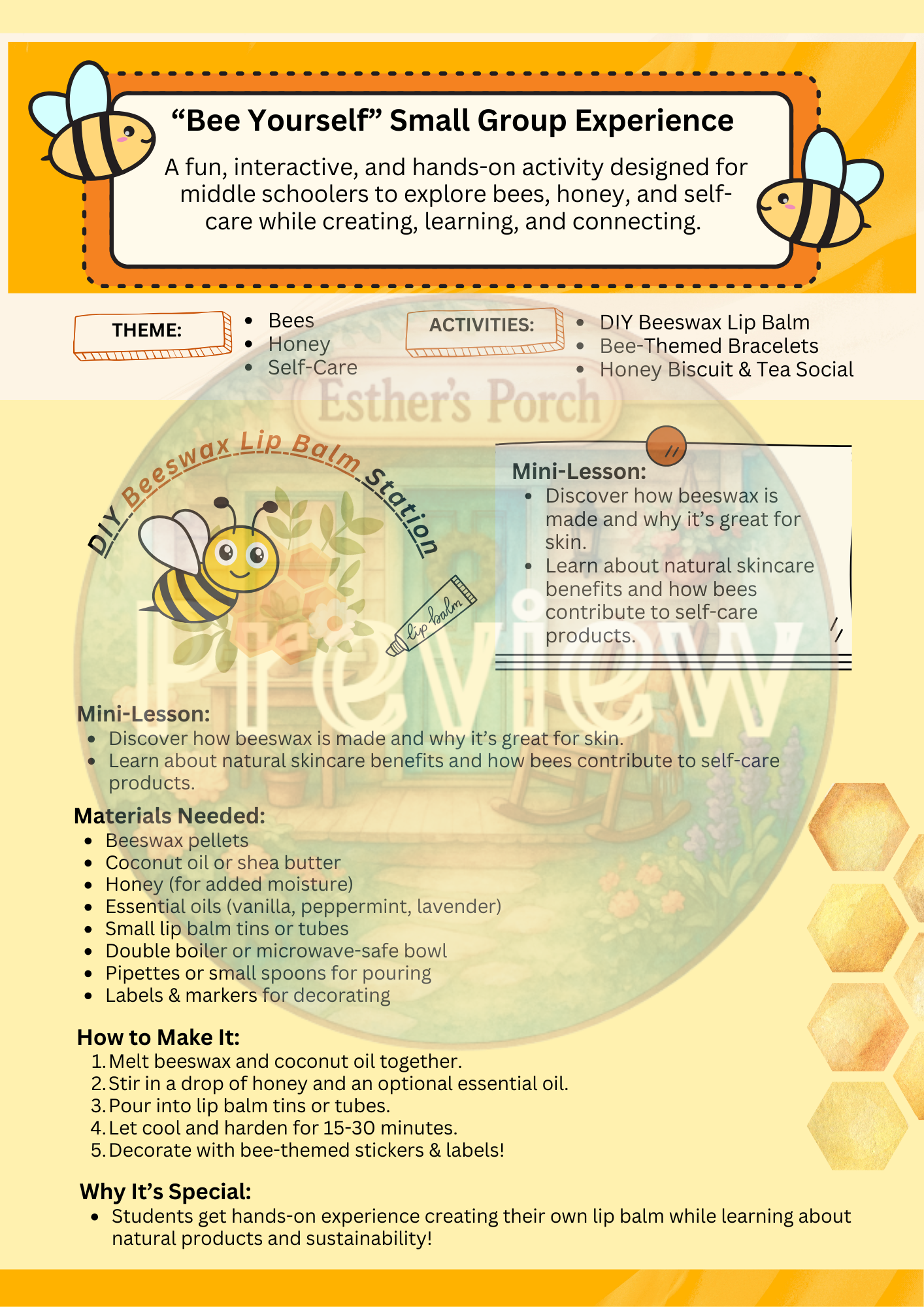 Bee Inspired Group Activities – The Esther’s Porch Experience (All Ages)