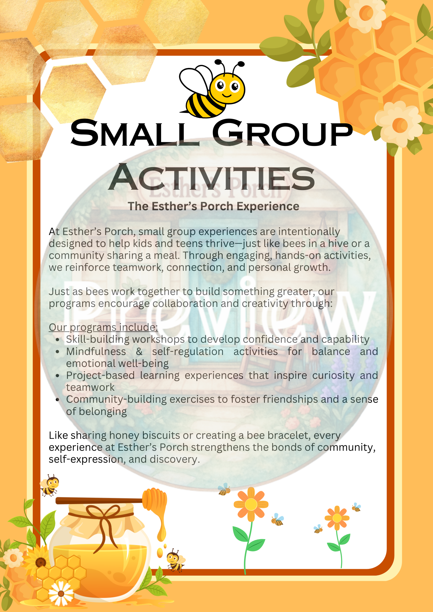 Bee Inspired Group Activities – The Esther’s Porch Experience (All Ages)