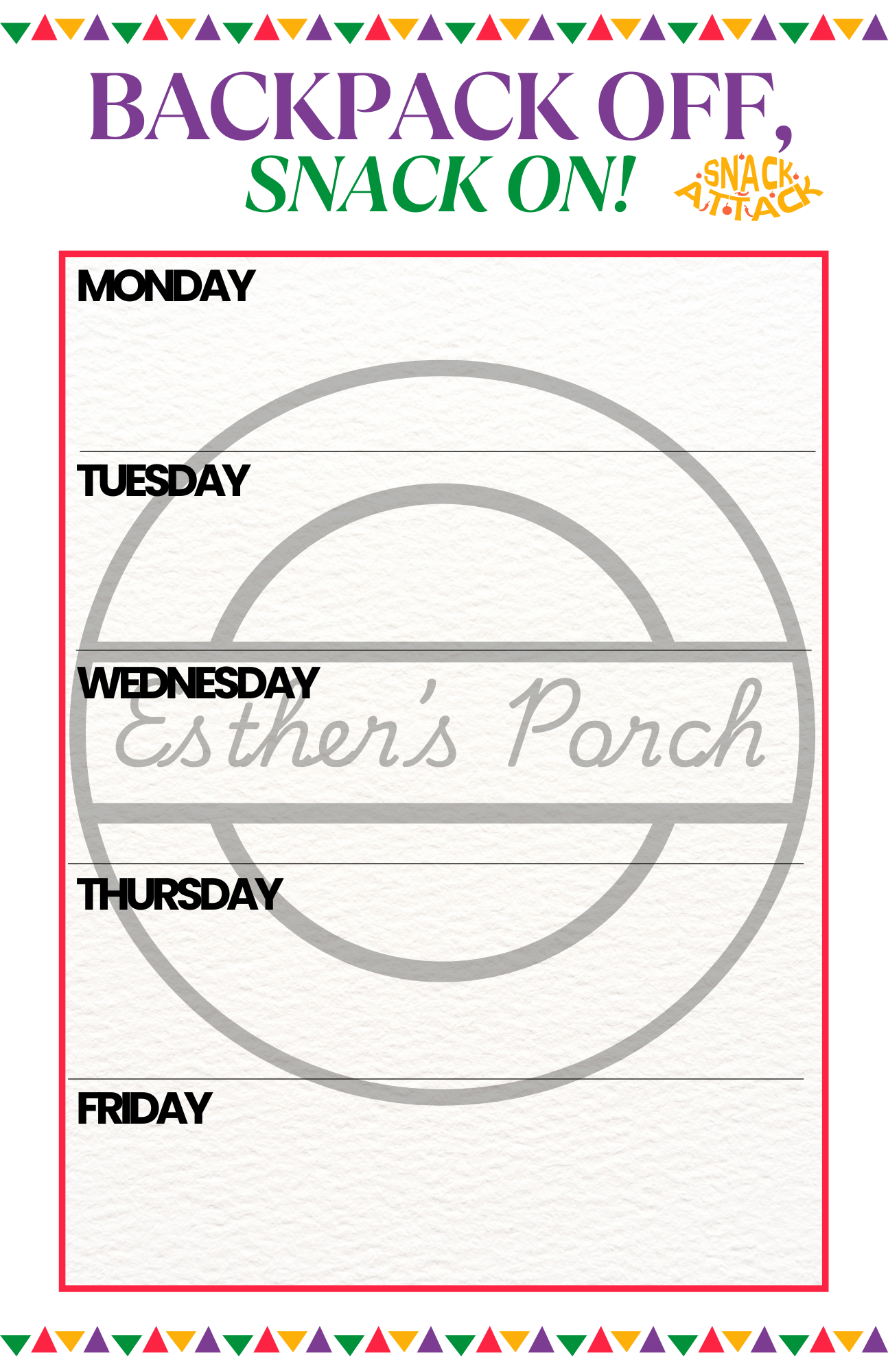 Backpack off, Snack on! Snack station guide and blank weekly snack menu template